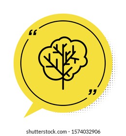Black Tree icon isolated on white background. Forest symbol. Yellow speech bubble symbol. Vector Illustration