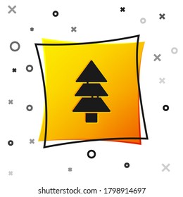 Black Tree icon isolated on white background. Forest symbol. Yellow square button. Vector Illustration