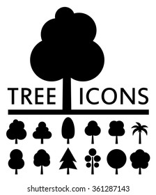 black tree icons collection on white background