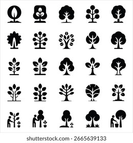 Black Tree Icons Set on White Background trees