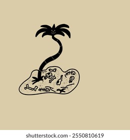 Árbol negro en la isla, cráneo y hueso