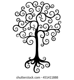 Black tree isolated on white background. Vector decorative design element.