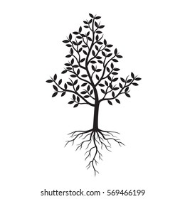 Black Tree and Leafs. Vector Illustration.