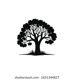 Un árbol negro con hojas y hierba