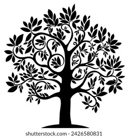 Black tree with leaves isolated on a white background, Black logo for organic products. Nature conservation concept Vector illustration