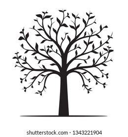 Black Tree with leaves on white background. Vector Outline Illustration.