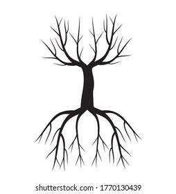 Schwarzer Baum mit Blättern und Wurzeln. Vektorgrafik-Skizze. Pflanzen Sie in Garden.