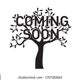Black Tree with Leaves and text coming soon. Vector outline Illustration. Plant in Garden.