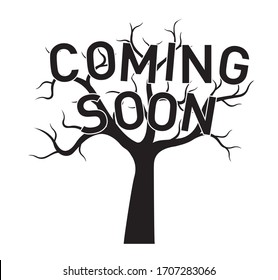 Black Tree with Leaves and text coming soon. Vector outline Illustration. Plant in Garden.