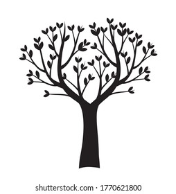 Black Tree with Leaves. Vector outline Illustration. Plant in Garden.