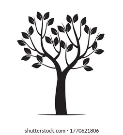 Black Tree with Leaves. Vector outline Illustration. Plant in Garden.