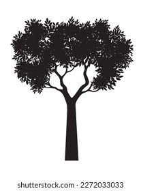Black Tree with Leaves. Vector outline Illustration.