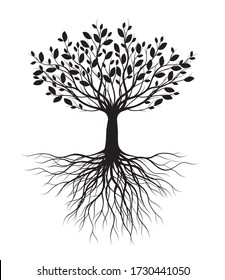 Black Tree of Life. Silhouette shape with Leaves. Vector outline Illustration. Plant in Garden. Royalty free vector object.