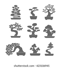 Black tree logo illustration icon set. Bonsai