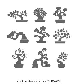 Black tree logo illustration icon set. Bonsai