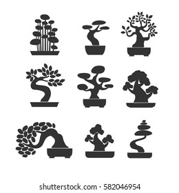 Black Tree Logo Illustration Icon Set. Bonsai