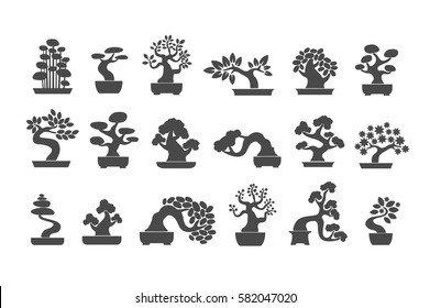 Black tree logo illustration icon set. Bonsai