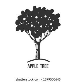 Black tree logo isolated on a white background. Apple tree. Vector illustration in hand drawn style.