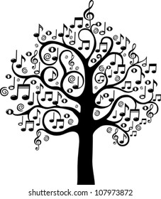 Black tree from musical notes isolated on White background. Vector illustration.