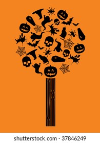 black tree on orange with halloween icons