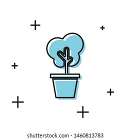 Black Tree in pot icon isolated on white background. Houseplant in pots. Natural decor for home and interior. Potted plant sign.  Vector Illustration