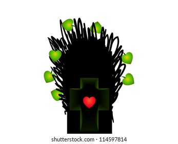 black tree with red heart, symbol of the tree of life