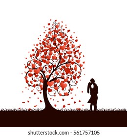 A black tree with red hearts instead of leaves on a white background with a kissing couple nearby. Vector illustration.