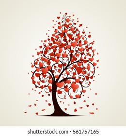 A black tree with red hearts instead of leaves on a white background. Vector illustration.