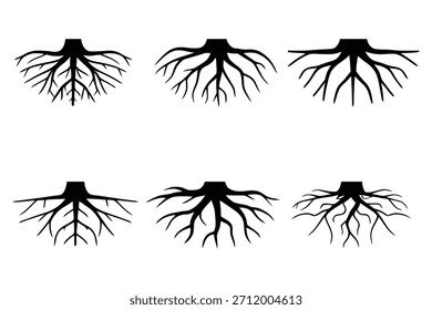 Black tree roots branching out black silhouette organic