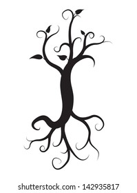 black tree with roots isolated on white background, vector