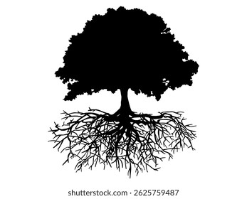 Black Tree and roots with leaves silhouette look beautiful and refreshing. Tree and roots LOGO style. Hand drawn isolated illustrations.
