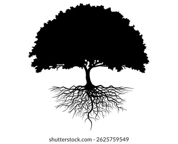 Black Tree and roots with leaves silhouette look beautiful and refreshing. Tree and roots LOGO style. Hand drawn isolated illustrations.