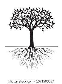 Black Tree with Roots on white background. Vector Illustration. Isolated object.