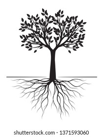 Black Tree with Roots on white background. Vector Illustration. Isolated object.