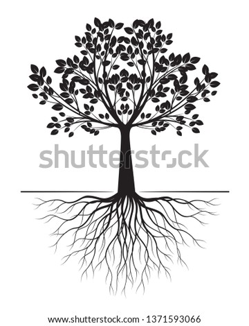 Black Tree with Roots on white background. Vector Illustration. Isolated object.