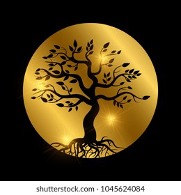 Black tree with roots silhouette with shiny elements. Vector illustration