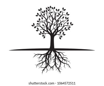 Black Tree with Roots. Vector Illustration and graphic element.