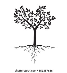 Black Tree with Roots. Vector Illustration.