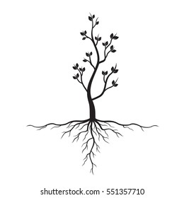 Black Tree with Roots. Vector Illustration.