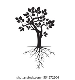 Black Tree with Roots. Vector Illustration.
