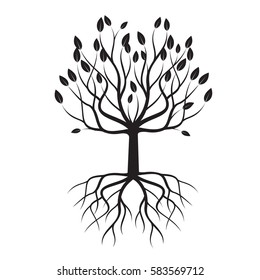 Black Tree with Roots. Vector Illustration.