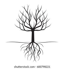 Black Tree with roots. Vector Illustration.