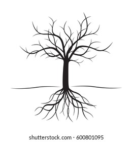 Black Tree with roots. Vector Illustration.