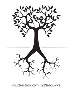 Black Tree with Roots. Vector outline Illustration.