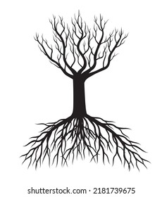Black Tree with Roots. Vector outline Illustration.