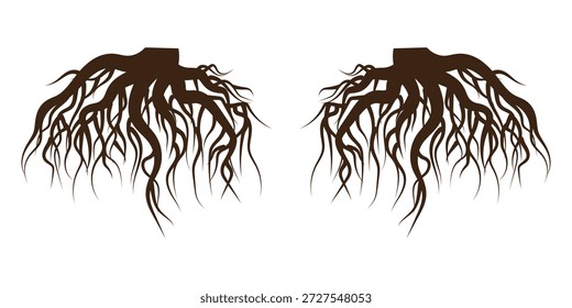 Raízes de árvore pretas,silhueta de raízes de árvore,silhueta de raízes de árvore,ícone de raízes de árvore e conjunto de ícones de logotipo de raízes de árvore. Ilustração vetorial. EPS 10.