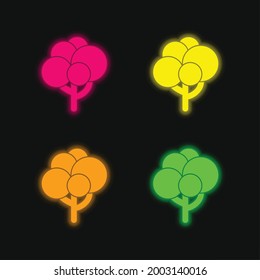 Black Tree Shape With Balls Foliage four color glowing neon vector icon