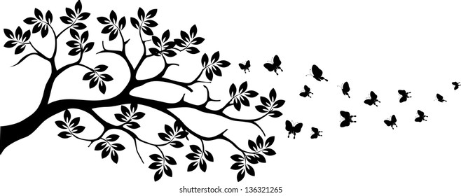 black tree silhouette with butterfly flying