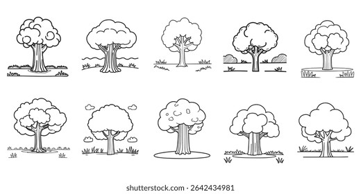 Black Tree Silhouette Collection – Baobab, Palm, Spruce, Fir, and Tropical Forest Elements in Flat Cartoon Style for Jungle, Game, Nature, and Vegetation Design Projects and Icon Sets