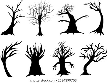 Black tree silhouette collection. Spooky Halloween tree, hand drawn vector illustration.